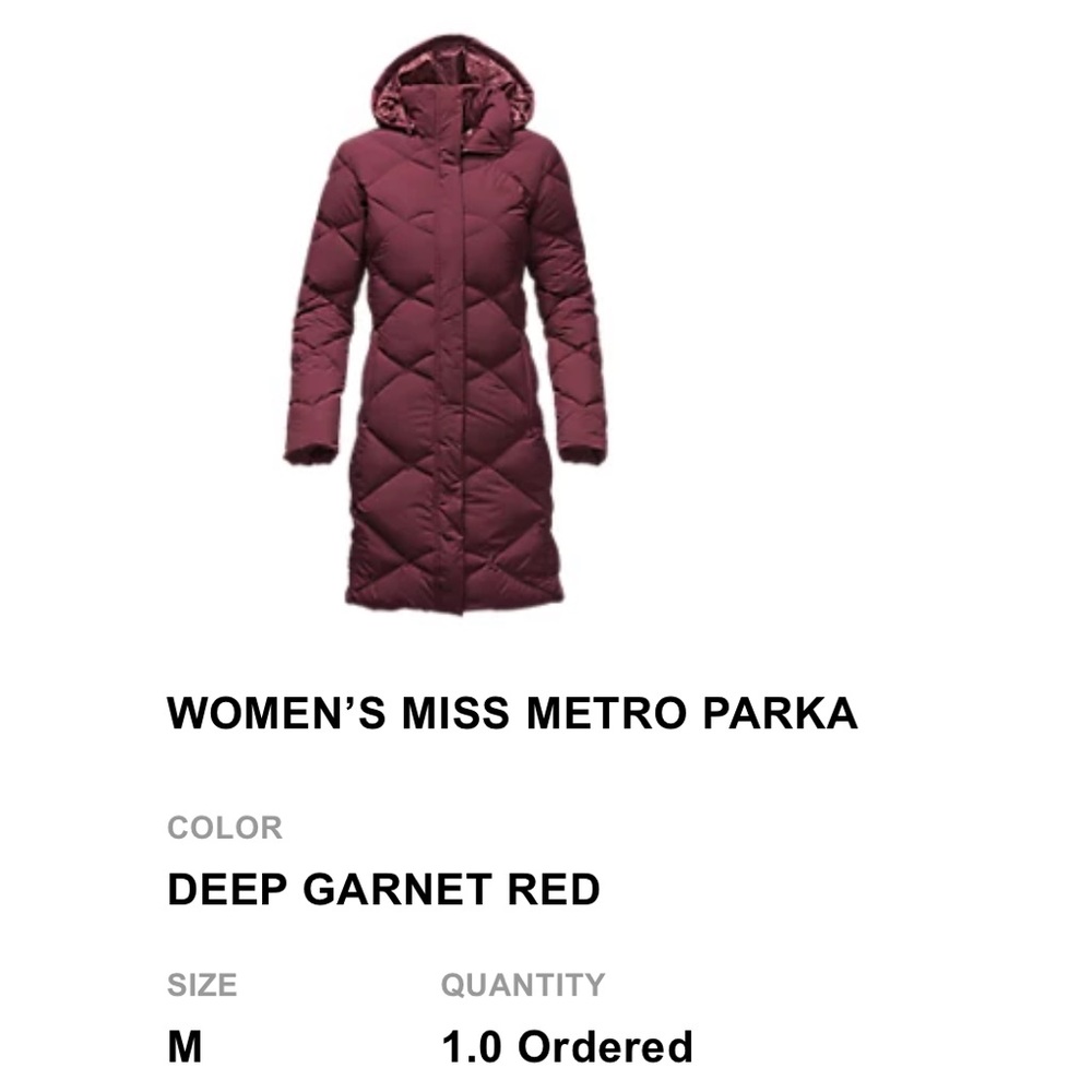 Women’s North Face ‘Miss Metro’ coat, size M. Deep garnet red. Lightly worn.